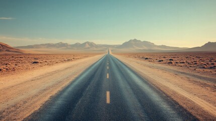 Desert highway journey, endless road, mountains backdrop, travel freedom