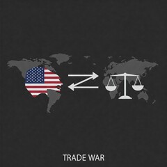 Dark world map background with U.S. flag on the left, scales on the right, and arrows symbolizing trade. Text 'TRADE WAR' highlights economic conflict.