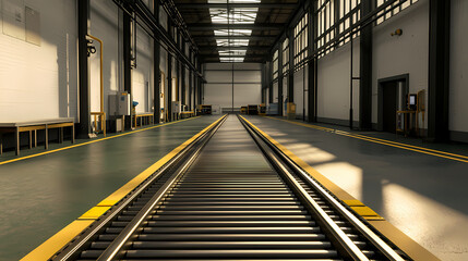 Obraz premium A modern industrial space featuring railway tracks, high ceilings, and ample natural light, designed for functionality and efficiency.