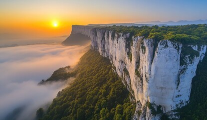 Majestic cliff face at sunrise, shrouded in mist. Lush forest clings to the base of the towering, white limestone cliffs, rising above a sea of clouds, bathed in golden sunrise hues