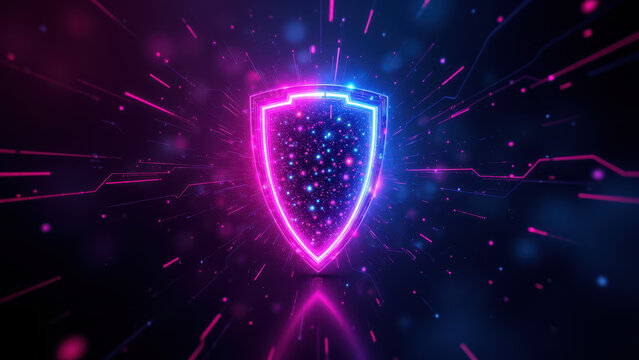 A digital representation of a shield against cyber threats, featuring vibrant colors and abstract shapes.