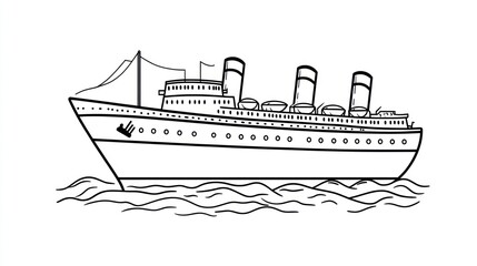 Obraz premium Black and white line drawing of a large ocean liner