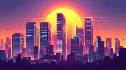 Vibrant Urban Skyline at Sunset with Illuminated High Rise Skyscrapers and Glowing Cityscape Lights in a Modern Metropolis