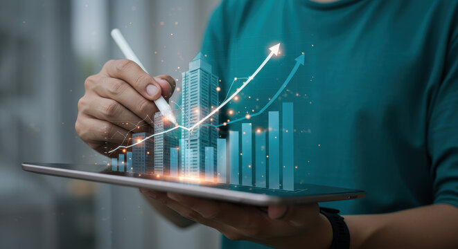 Growth Hacking: Man Analyzing Financial Data on Tablet with Stylus, Chart, & Building Illustration for Investment & Real Estate Strategy