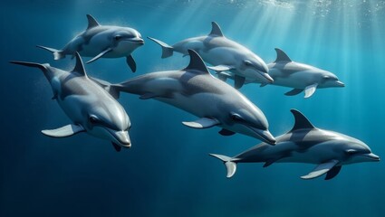 Fototapeta premium A group of wild dolphins leaping gracefully out of crystal-clear ocean water, dynamic motion, sparkling sunlight reflections