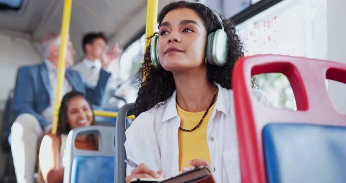 Bus, headphones and woman in city thinking for journey, commute and travel to university in town. Public transport, student and person on vehicle with notebook listening to podcast, audio and radio