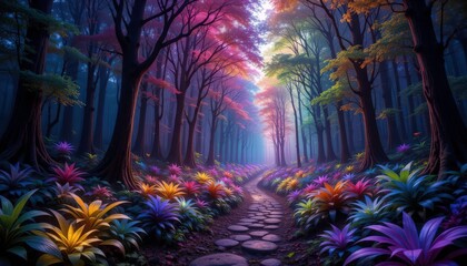 Prismatic Pathway Journey Through a Forest Alive With Color, Where Every Leaf and Petal Shimmers With Light Psychedelic Scene