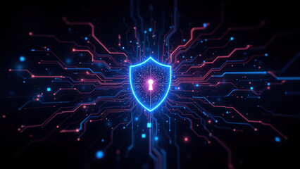 Cybersecurity shield with a futuristic neon grid background.