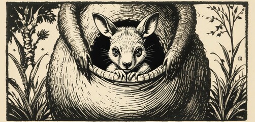  A Traditional Linocut Print Depicting a Joey Playing Peek a Boo from the Safety of its Mother s Pouch