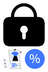 Large padlock symbolizes security while a man checks progress on a device, alongside a percentage icon. Ideal for cybersecurity, data privacy, fitness tracking, mobile apps, performance metrics