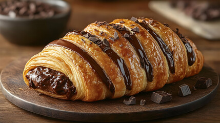 Closeup of a Chocolate Croissant on Wooden Board