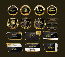 Golden luxury labels shield and banners, gold premium quality certificate ribbons, vector badges. Luxury VIP and  sticker tags and banners for best product seals and banners with golden crown