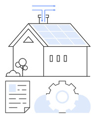 House with solar panels, energy flow arrows, document, gear, and cloud. Ideal for sustainability, clean energy, home automation, eco-innovation technology efficiency flat simple metaphor