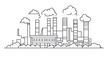 Obraz premium Industrial complex line drawing, factory buildings, cloudy sky