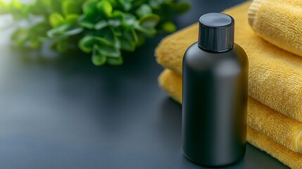 Black Cosmetic Bottle Placed Beside Yellow Towels in a Relaxing Spa Environment