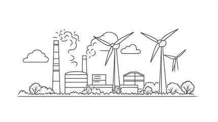 Naklejka premium Industrial landscape with factory and wind turbines