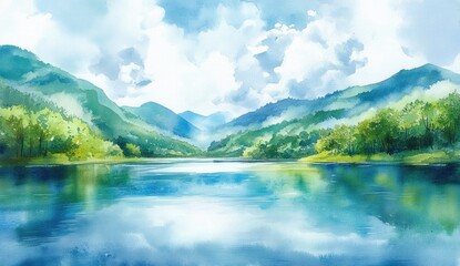 Serene mountain lake landscape. Lush green hills reflect on tranquil water