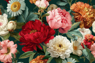 A vibrant seamless pattern composed of colorful flowers in various shades showcases peonies, daisies, and more, perfect for decorative purposes or fabric design