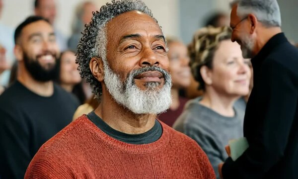 Portrait of a joyful older man with gray hair and beard, smiling warmly while attending an event, surrounded by a diverse group of people.
