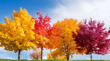 Naklejka premium Vibrant Autumn Trees Displaying Colorful Leaves Under Blue Sky With Fluffy White Clouds