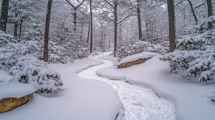 Obraz premium Snowy winter path winding through a forest