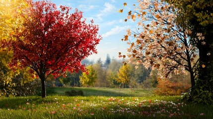 Scenic Autumn Landscape with Vibrant Red and Pink Trees in a Sunny Park at Daytime