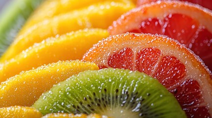 Close-up of vibrant mango, kiwi, and grapefruit slices.