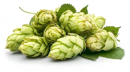 Fototapeta premium Fresh Green Hops With Leaves Isolated On White Background For Brewing And Culinary Use