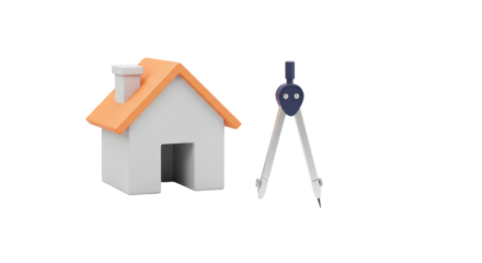 Isolated 3D Render of House and Drawing Compass