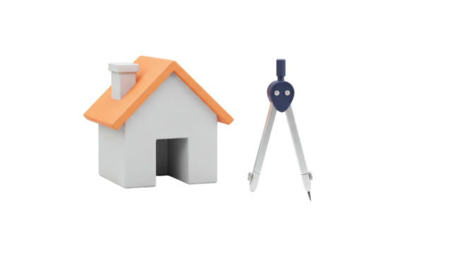 Isolated 3D Render of House and Drawing Compass