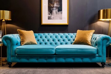 Elegant blue chesterfield sofa in luxurious living room setting with gold decor accents