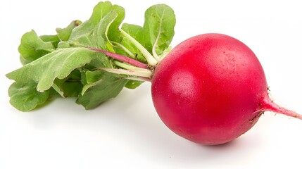 Single Fresh Red Radish with Green Leaves Isolated on White Background