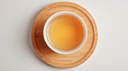 Top View of Warm Yellow Tea in a White Ceramic Cup on a Wooden Tea Tray
