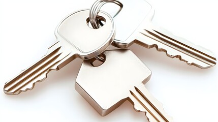 Close-Up of Three Silver Keys on Keyring Isolated on White Background