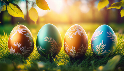 Colorful Easter eggs on green grass