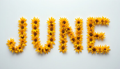 Word ‘June’ made of sunflower petals on white, creative