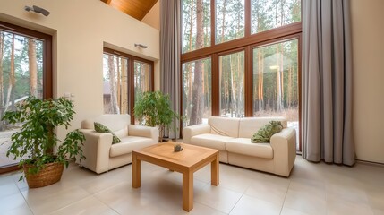 Modern Minimalist Living Room with Large Windows and Natural Light Surrounded by Greenery