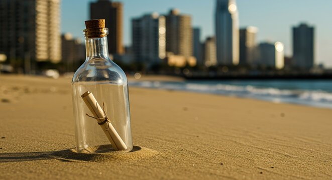 Message in a bottle resting on the beach against a city skyline - Powered by Adobe