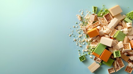 Colorful Building Blocks Piled on a Light Blue Background for Creative Play and Development