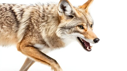 Fototapeta premium Coyote in Motion with Playful Expression Running Against a White Background