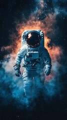 Fototapeta premium Dynamic Space Exploration: Warp Engine Trails Pierce Stardust Clouds. Astronaut Helmet Reflects Milky Way Galaxy. Contrasting Cool Fluorescent and Warm Thruster Flames Create Futuristic Cosmic Scene. 