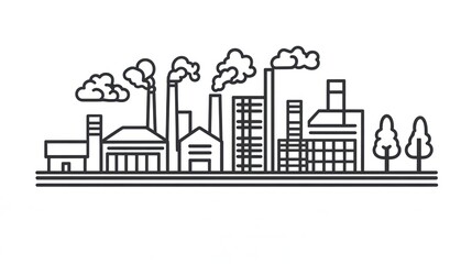 Fototapeta premium Industrial Landscape Skyline, Simple Line Drawing, Cityscape, Factory Buildings, Smoke Stacks, Quiet Atmosphere