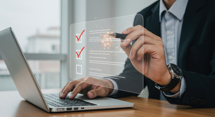 Checklist Completion: Businessman Reviewing Online Form with Pen & Laptop - Digital Verification, Compliance, & Productivity