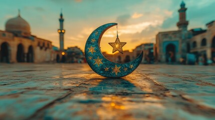 Crescent moon and star decoration, Ramadan evening, mosque square, golden hour
