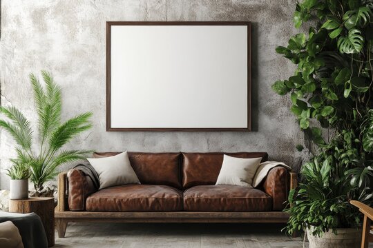 Cozy living room with leather sofa, green plants, and blank canvas on rustic wall