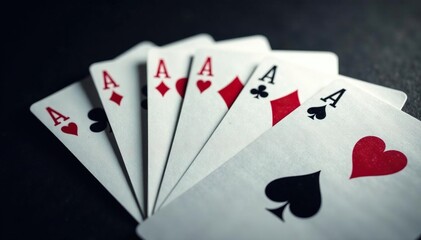 Obraz premium Four aces fanned out, showcasing card details and texture , graphic design, gambling, fan