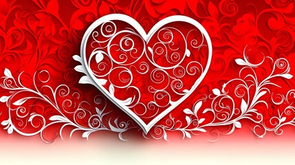 Ornate Heart Design on a Red Floral Background Evoking Love and Romance