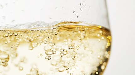 Sparkling wine bubbles closeup, glass, studio, fizz