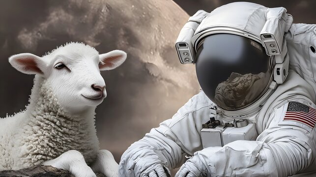 Astronaut Interacting With Adorable Sheep Against A Cosmic Background Featuring A Moon