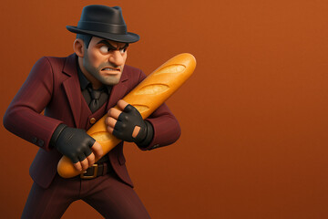 Gangster Holding Baguette in Aggressive Pose Against Brown Background